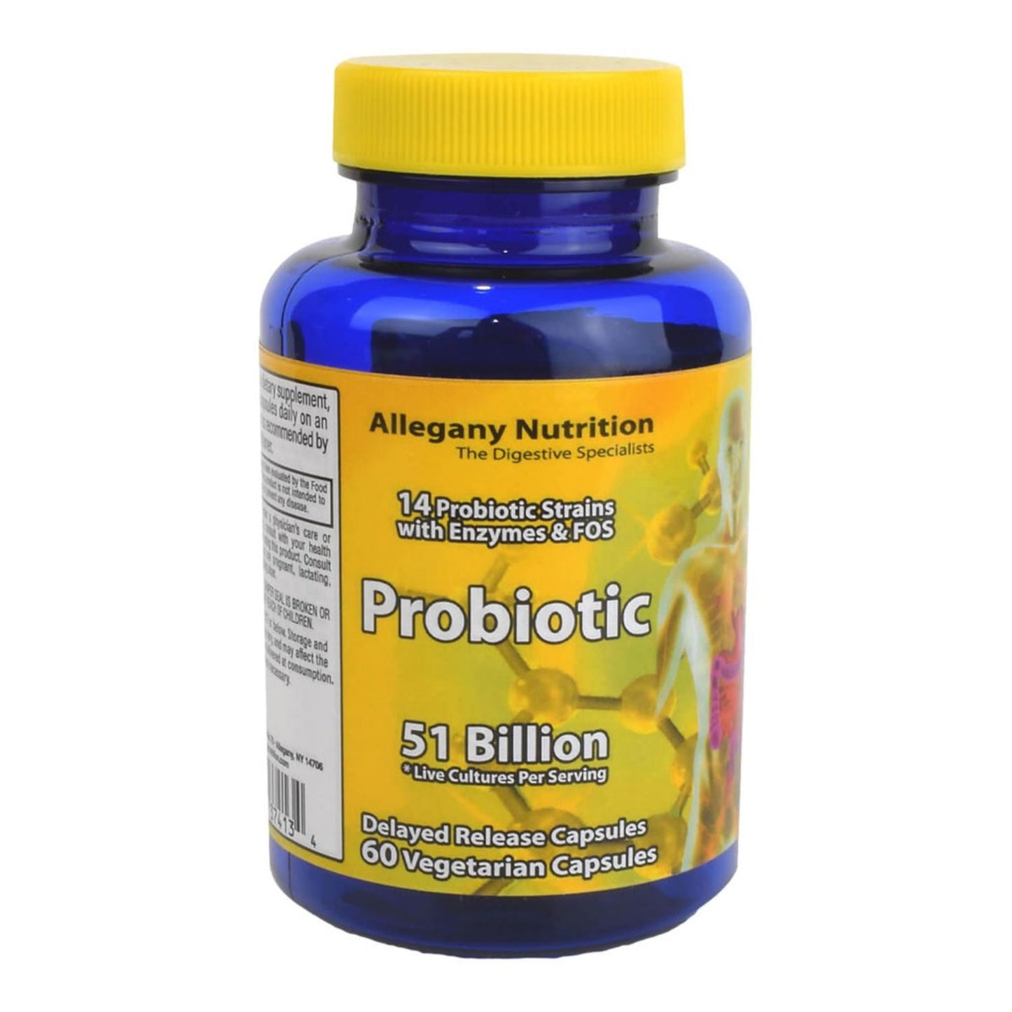Probiotic supplement bottle with blue and yellow label on a white background