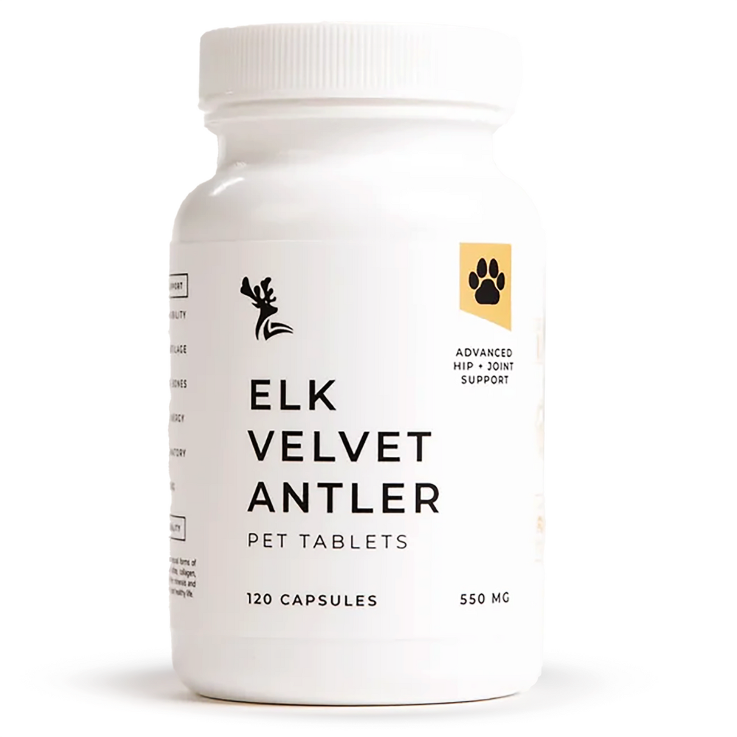 Bottle of Elk Velvet Antler Pet Tablets supplements on a white background