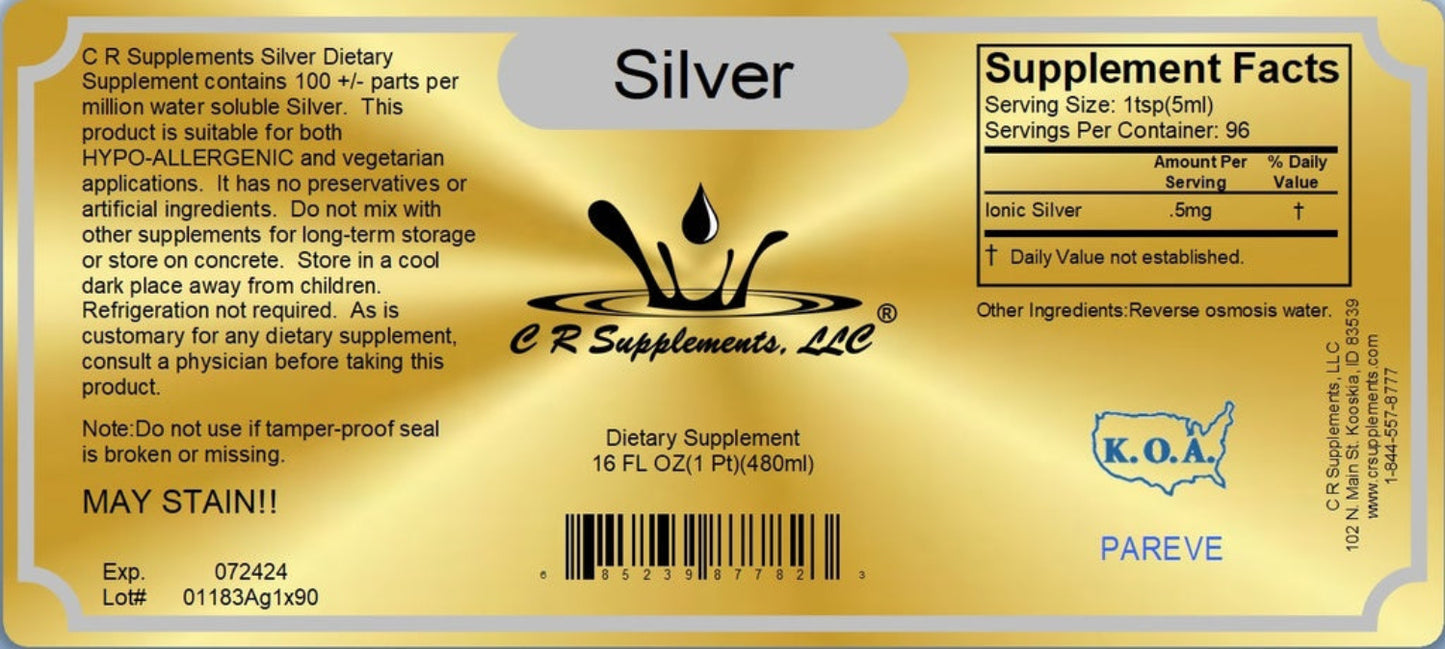 Gold label of C R Supplements Silver dietary supplement with text and branding.