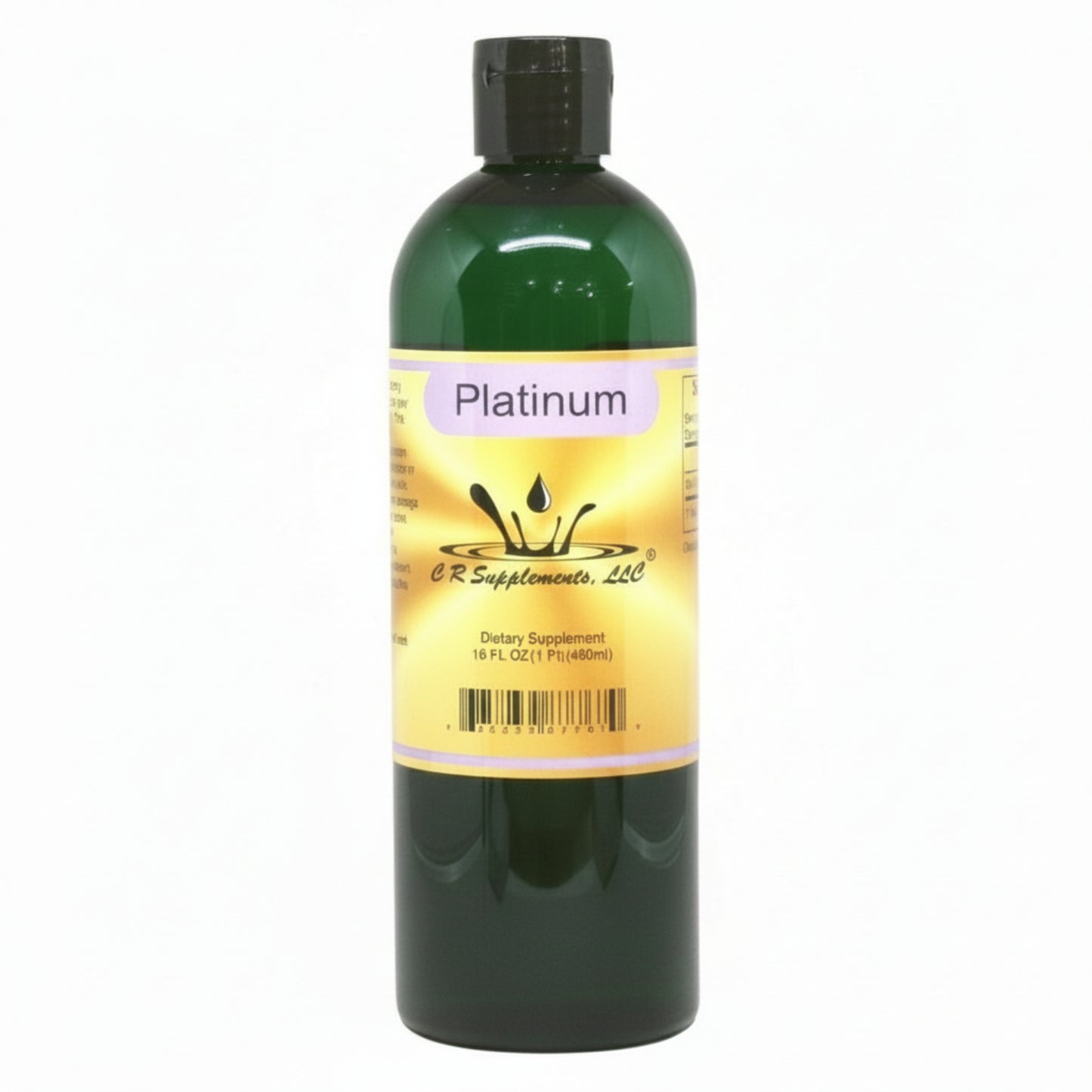 Green supplement bottle of Platnium with a yellow label on a white background