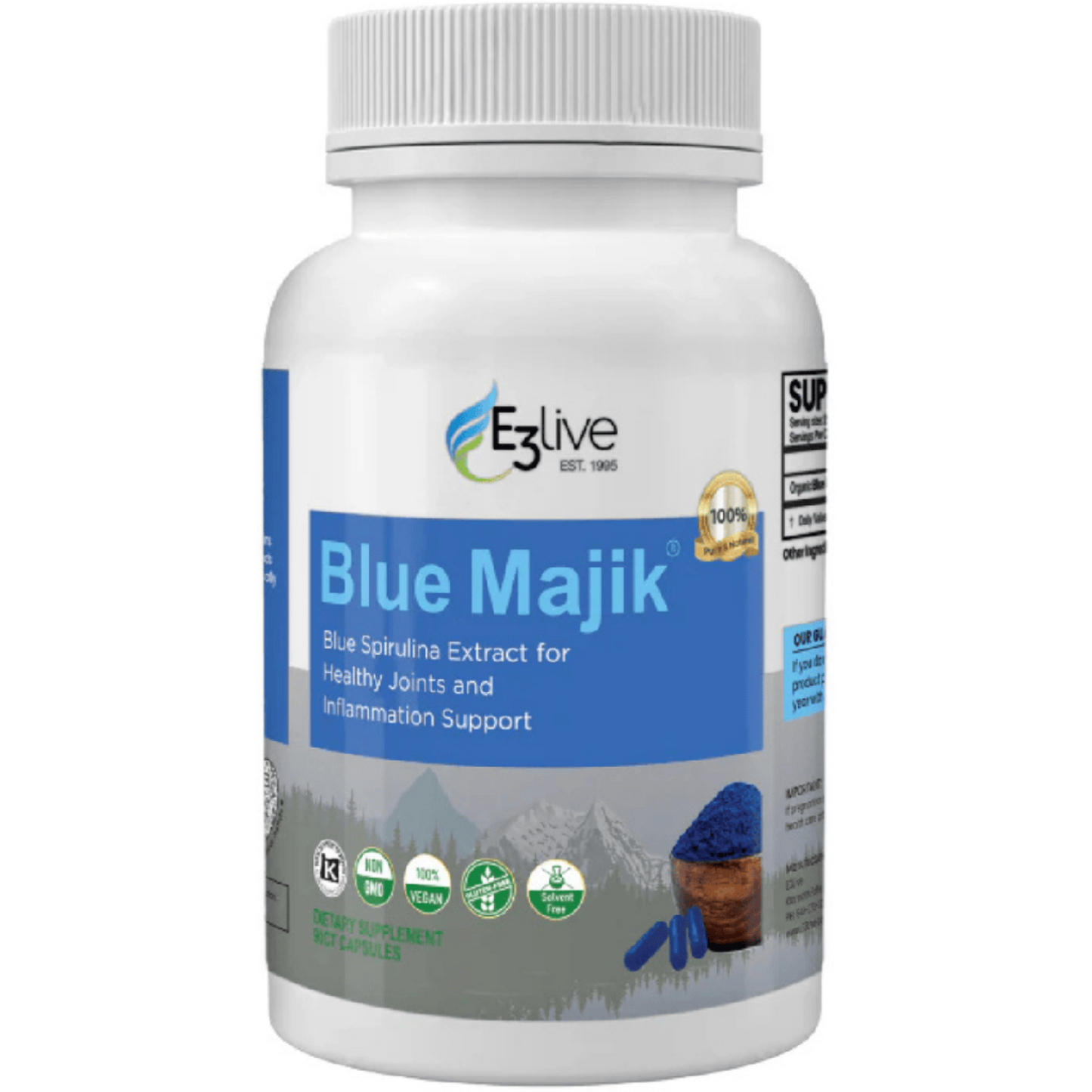 white jar and lid, label picture of mountains and blue powder and capsules, E3Live Blue Majik, blue spirulina extract for healthy joints and inflammation support, USDA Organic
