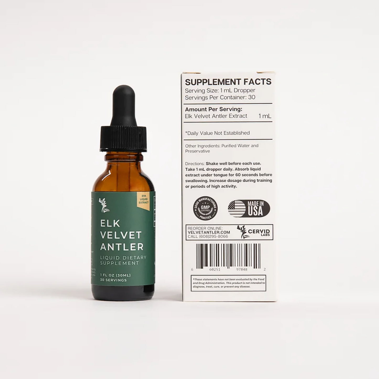 Bottle of Elk Velvet Antler supplement with dropper and label on a white background