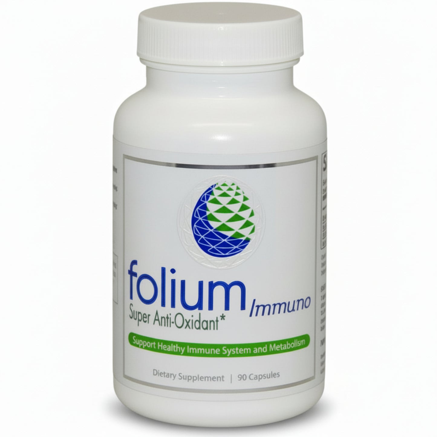 Supplement bottle labeled 'folium Immuno Super Antioxidant' on a white background