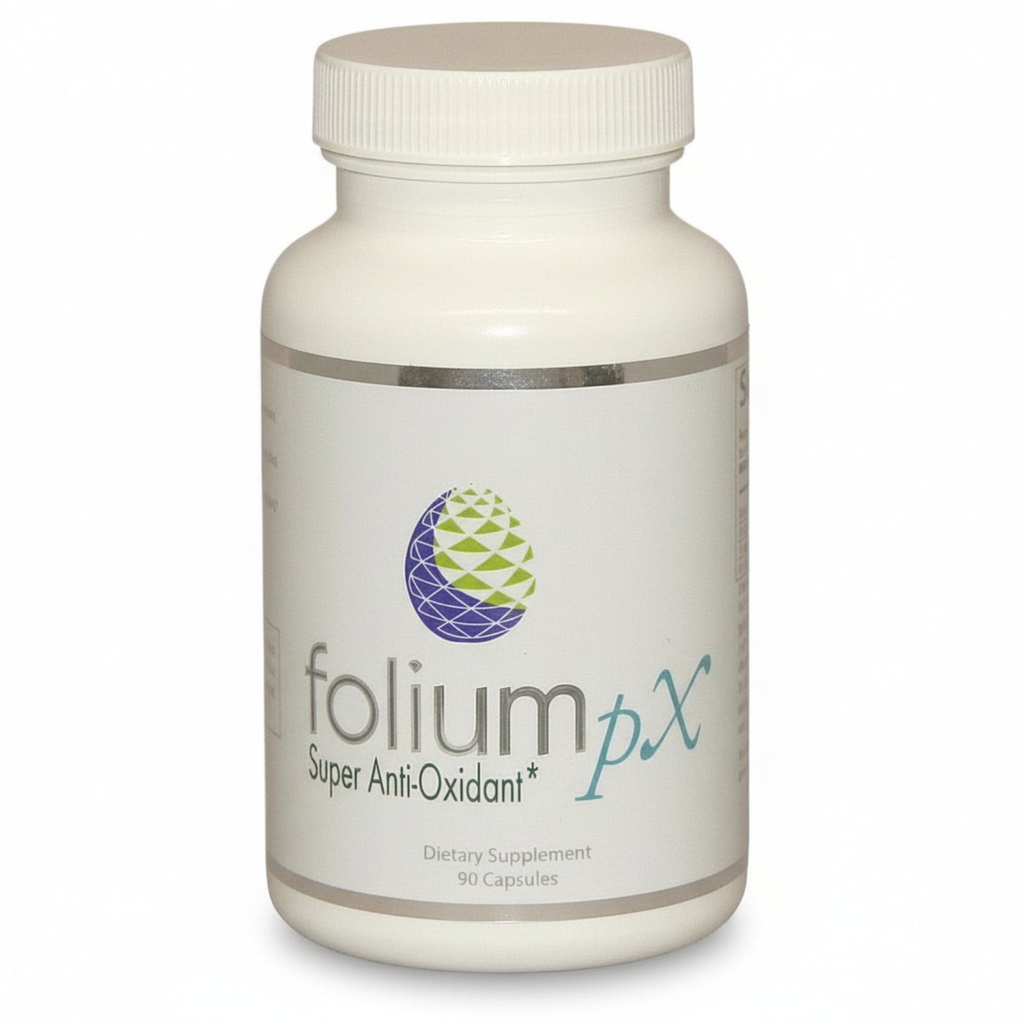 Supplement bottle labeled 'folium px Super Anti-Oxidant' on a white background