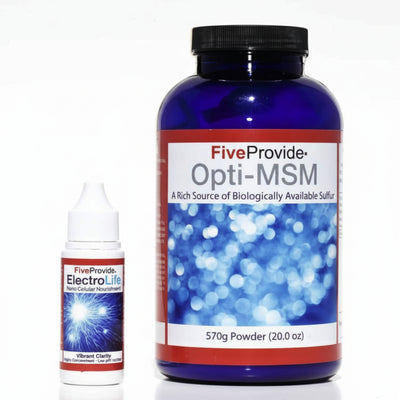 two products, small white dropper bottle of Five Provide ElectroLife nano cellular nourishment for vibrant clarity with image of white light exploding off blue background, other product is blue bottle with black lid of FiveProvide Opti-MSM, a rich source of biologically available sulfur 570g powder