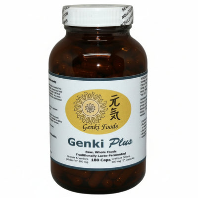 Brown supplement bottle labeled 'Genki Plus' by Genki Foods on a white background