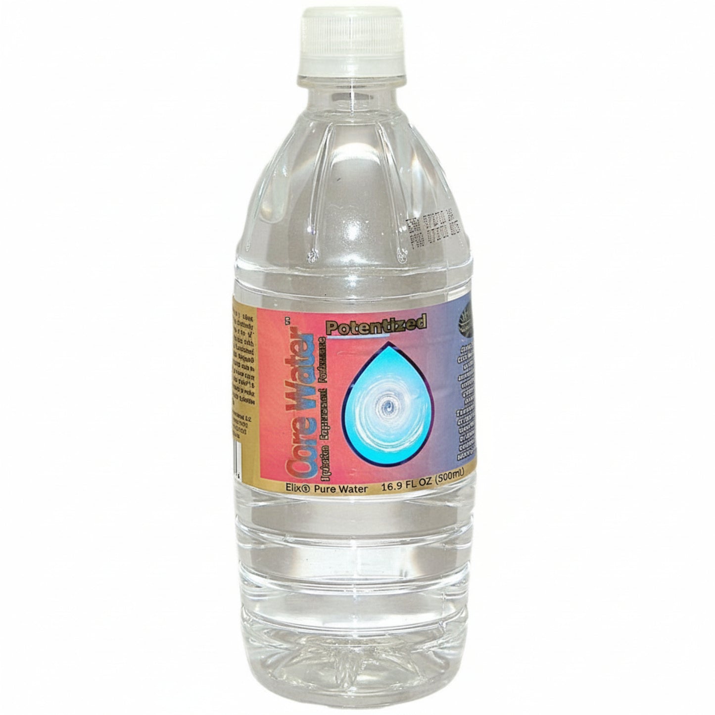 Clear water bottle of Core Water with a colorful label on a white background
