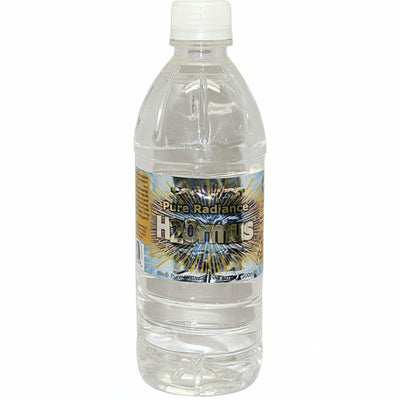 Clear water bottle with a label on a white background