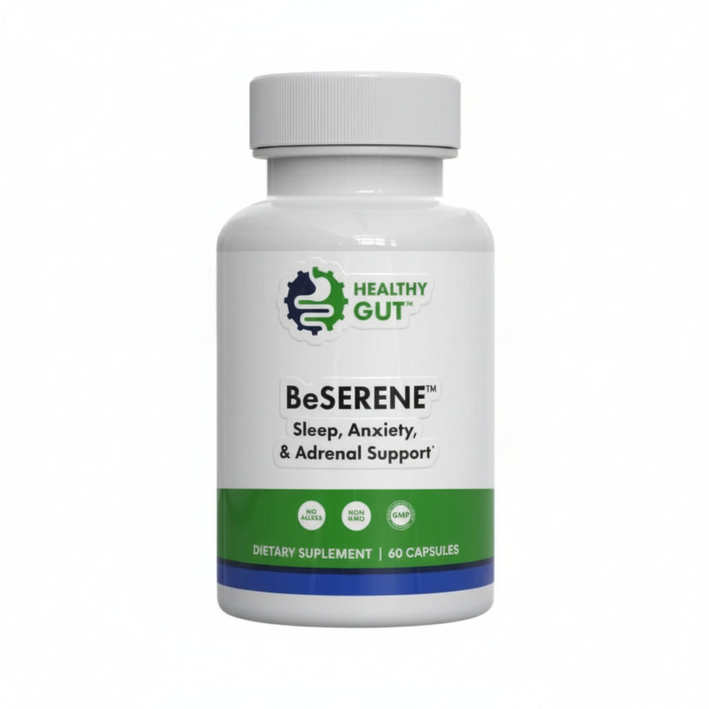 white container and lid, label white, blue and green. Healthy Gut with logo, BeSERENE, sleep, anxiety & adrenal support dietary supplement, 60 capsules