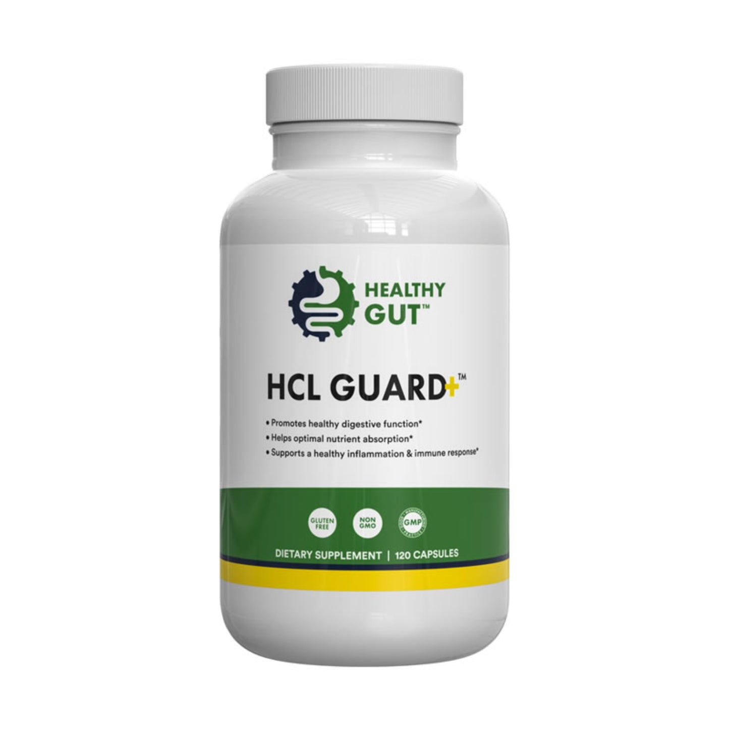 Supplement bottle labeled 'HCL Guard' by 'Healthy Gut' on a white background