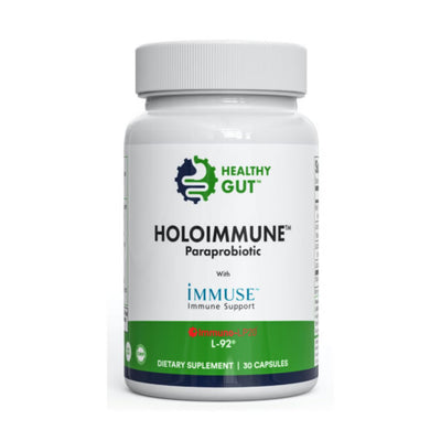 Supplement bottle labeled 'Healthy Gut Holoimmune Paraprobiotic' on a white background