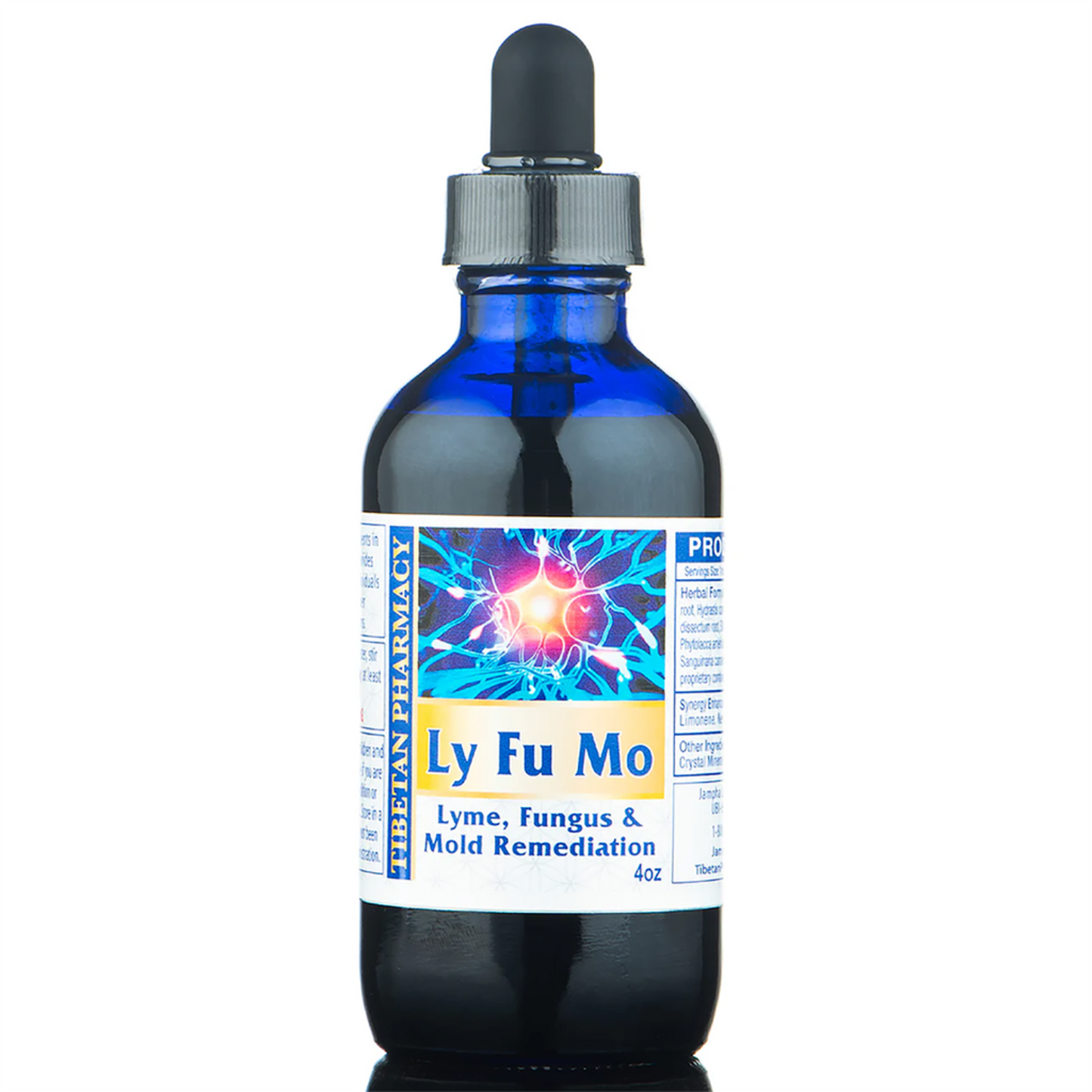blue glass dropper bottle of Ly Fu Mo Lyme Fungus & Mold Remediation on a white background
