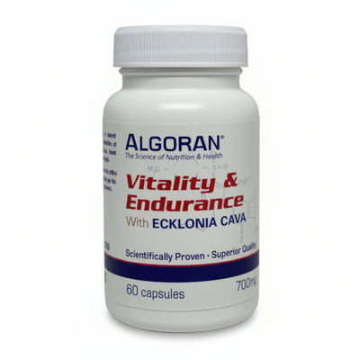 white bottle with blue stripe of Algoran Vitality & Endurance with Ecklonia Cava, Scientifically Proven, Superior Quality, 60 capsules 700mg
