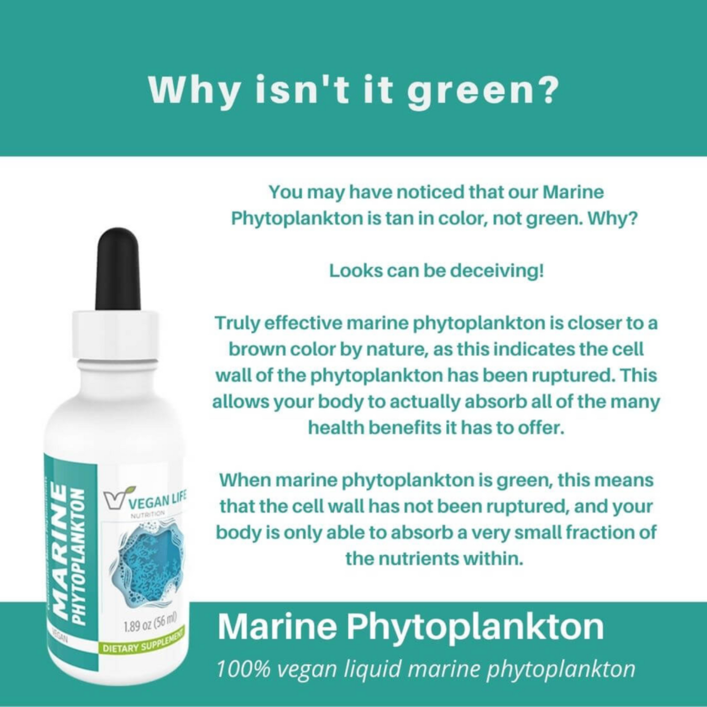 Marine Phytoplankton bottle with educational text about color and effectiveness.