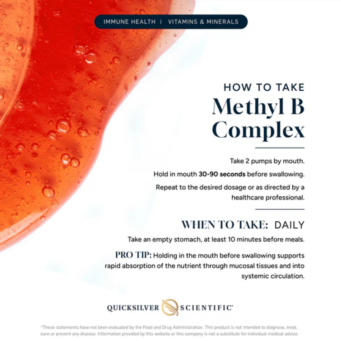 Instructional poster on how to take Methyl B Complex with a red liquid background.