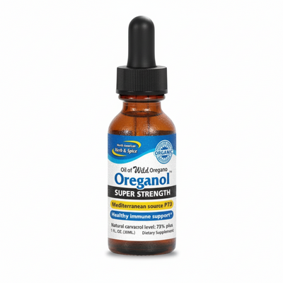 Bottle of Oreganol Super Strength Oil of Wild Oreganol Super Strength 1oz with a dropper on a white background