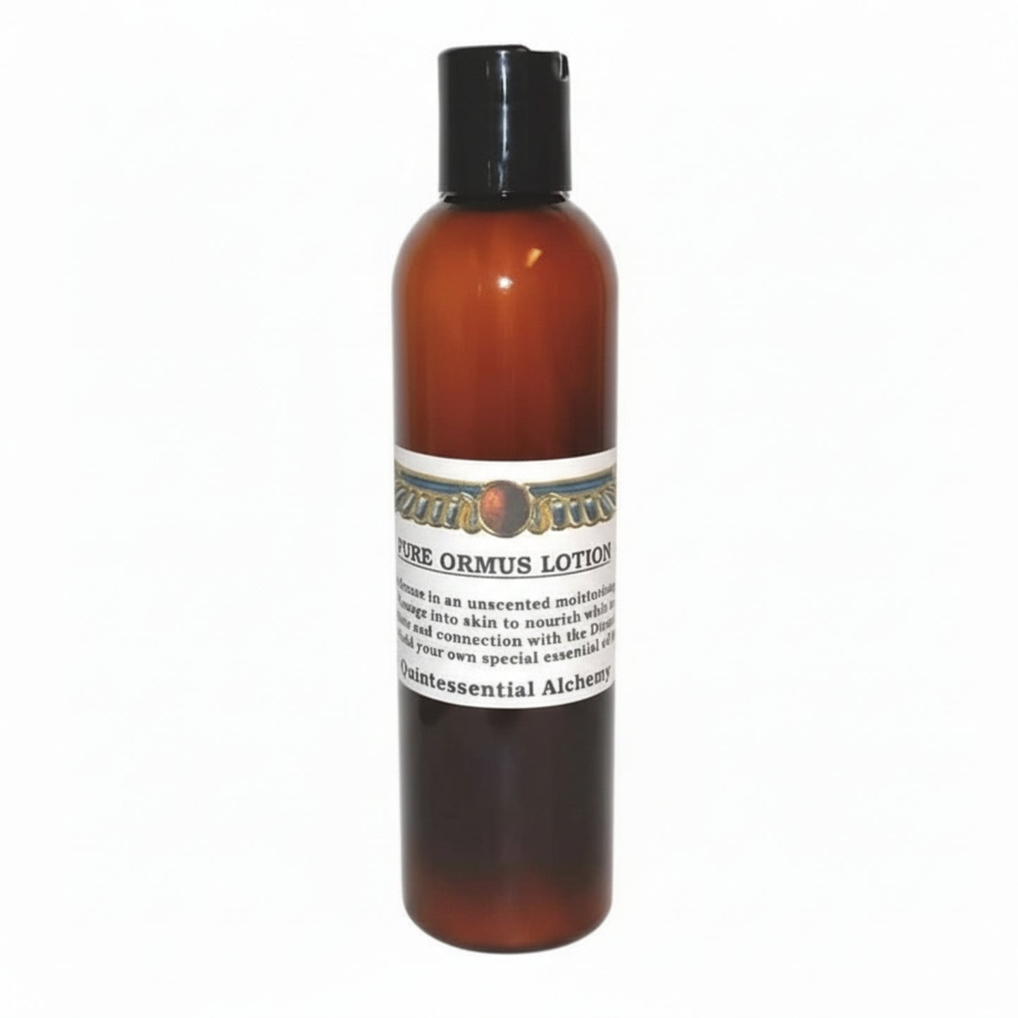Amber bottle of 'Pure Ormus Lotion' with a label on a white background
