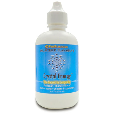 Bottle of 'Crystal Energy' supplement with a blue label on a white background