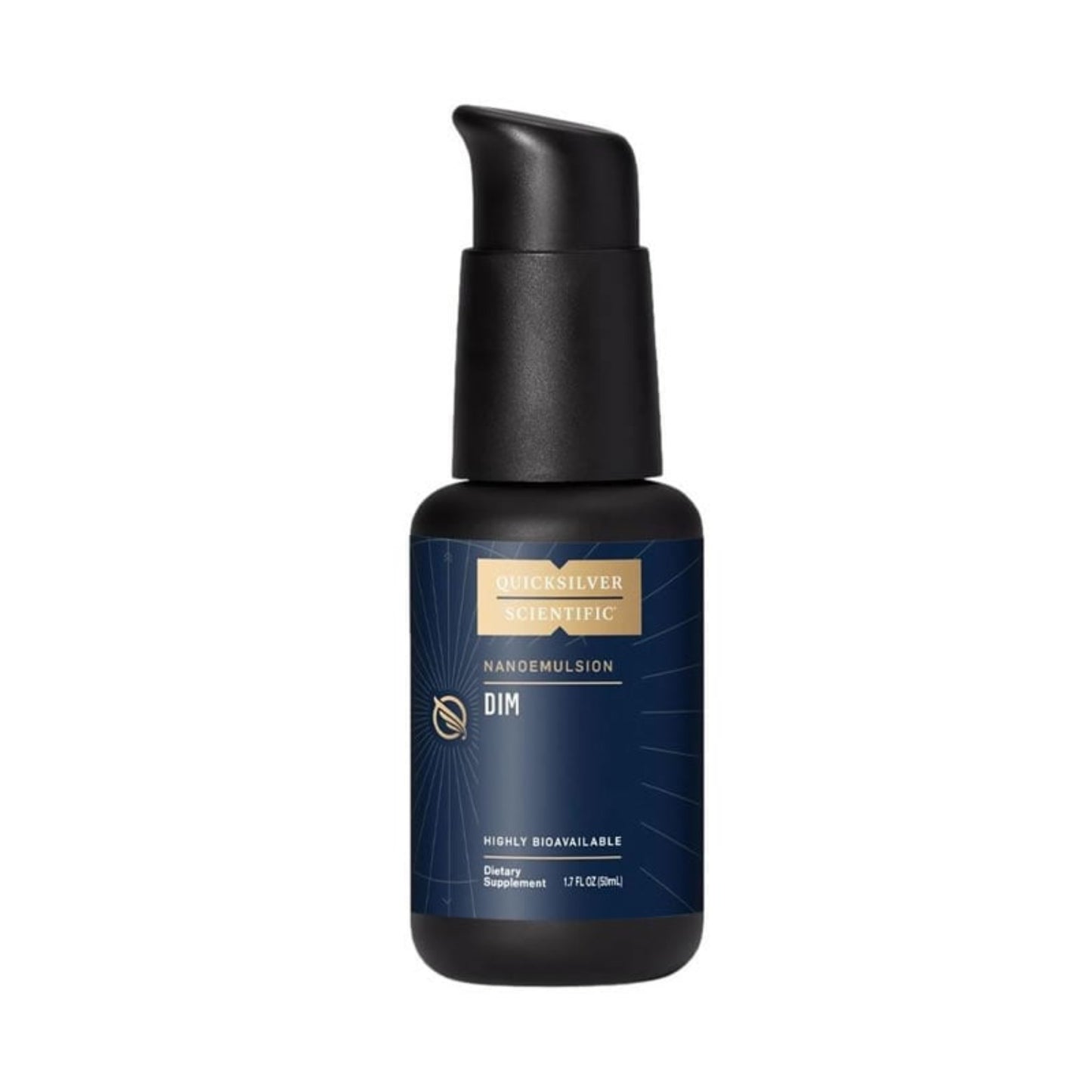 Black bottle of Quicksilver Scientific Nanoemulsion DIM with blue label on a white background