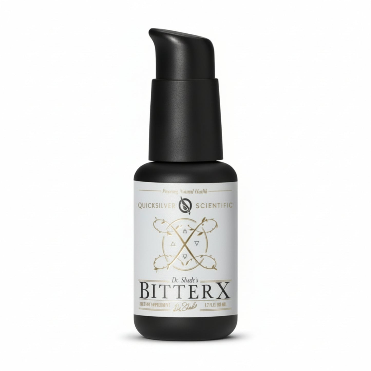 black pump bottle with white label, black and gold text, Promoting Natural Health, Quicksilver Scientific with logo and swirly graphic, Dr. Shade's Bitter X dietary supplement