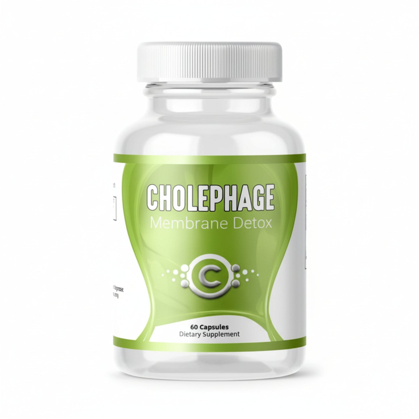 white Supplement bottle of Cholephage Membrane Detox with white and green label on a white background