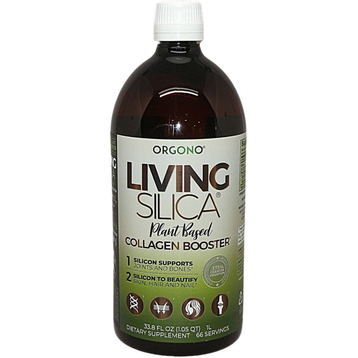 Bottle of Organo Living Silica plant-based Collagen Booster on a white background