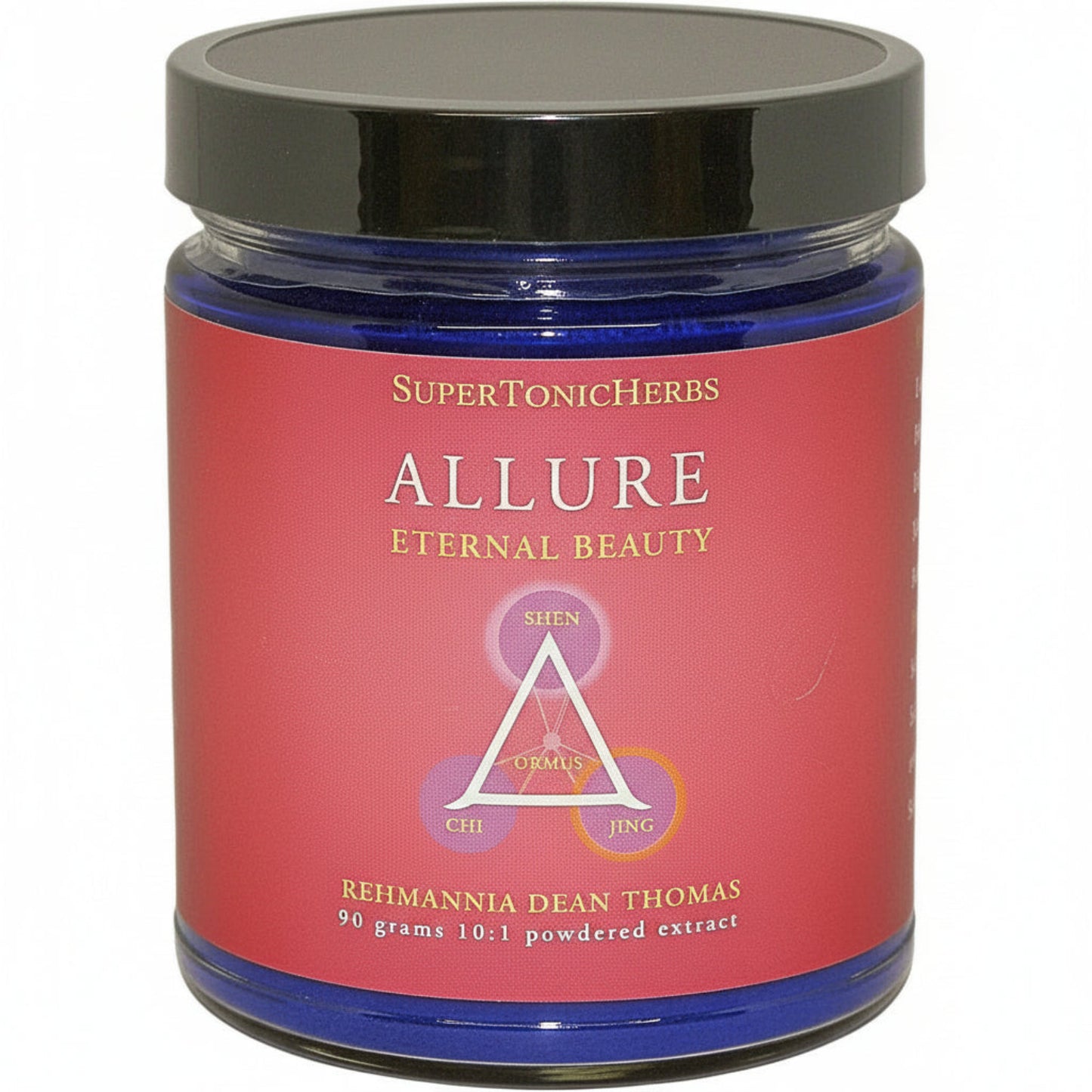 blue jar with black lid and red label, SuperTonicHerb Allure Eternal Beauty, triangle with ORMUS in the center and these words at corners: Shen, Chi and Jing. Rehmannia Dean Thomas, 90 grams, 10:1 powdered extract