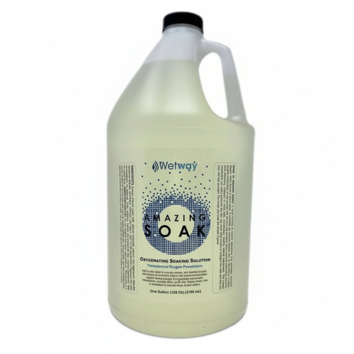 white jug with black lid, Wetway AMAZING SOAK with small blue squares in shape of letter O. Oxygenating Soaking Solution. Transdermal Oxygen Penetration. 128 Fl Oz (3840 mL)