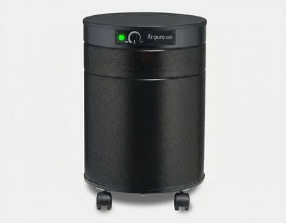 black air purifier shaped like a cylinder with black wheels, Airpura UV600 Air Purifier on white background