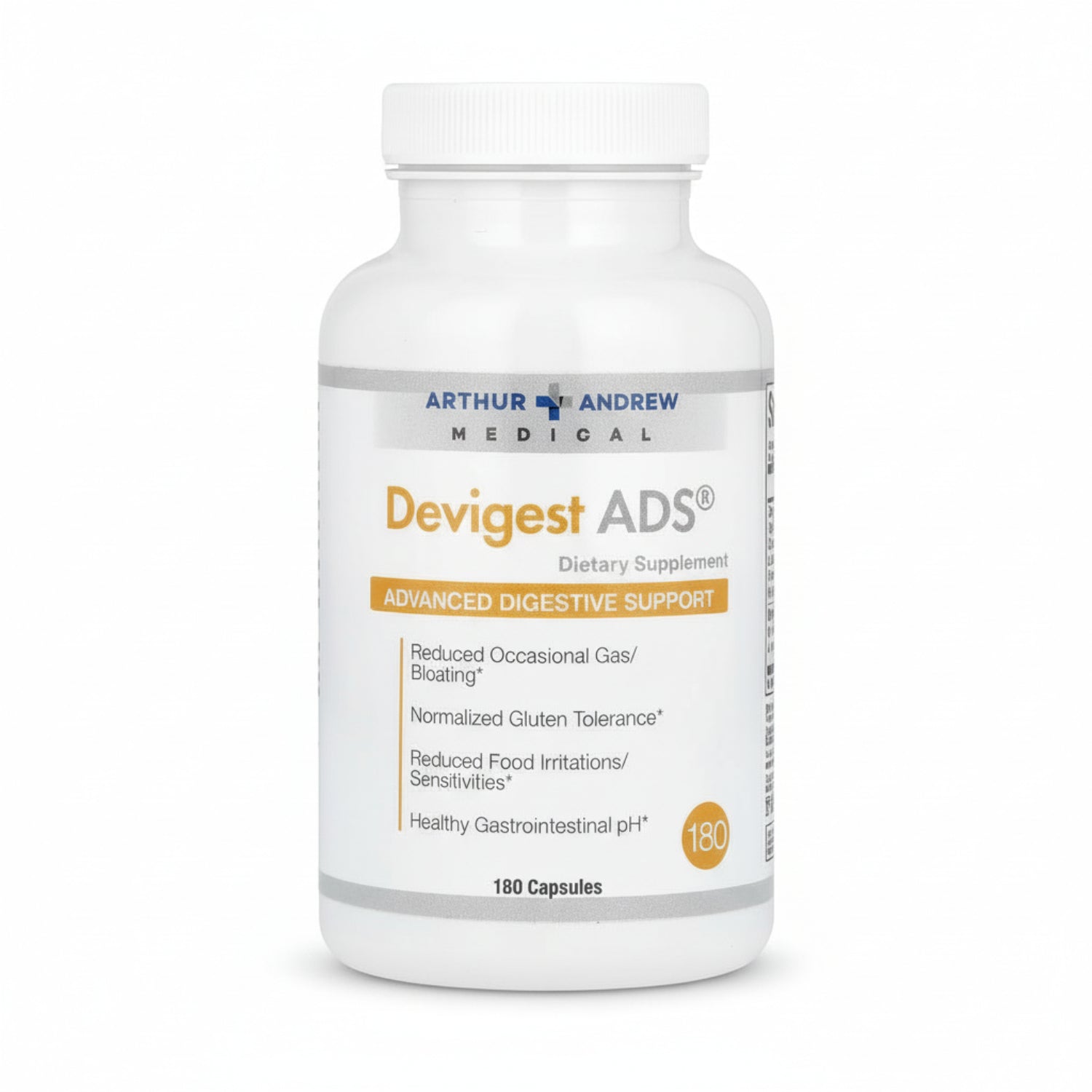 Supplement bottle labeled 'Devigest ADS' by Arthur Andrew Medical on a white background