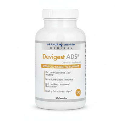 Supplement bottle labeled 'Devigest ADS' by Arthur Andrew Medical on a white background