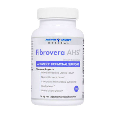 Supplement bottle labeled 'Fibrovera AHS' by Arthur Andrew Medical on a white background