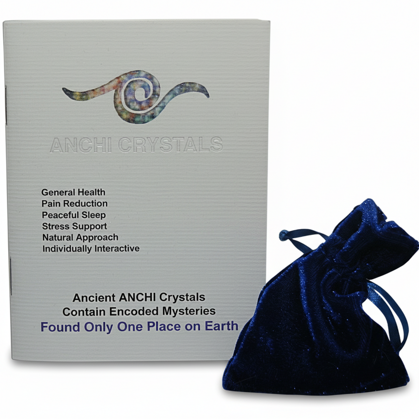 ANCHI CRYSTALS with swirly colored logo, booklet saying General Health, Pain Reduction, Peaceful Sleep, Stress Support, Natural Approach, Individually Interactive, Ancient ANCHI Crystals Contain Encoded Mysteries Found Only One Place On Earth, with blue velvet bag