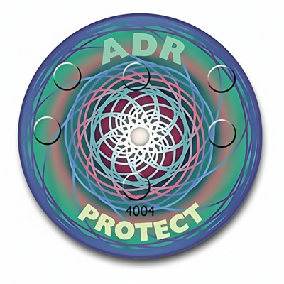 round sticker with colorful curcular design, ADR Systems ADR Protect on white background