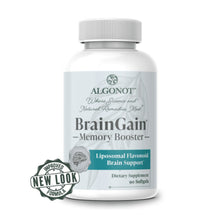 white container with light teal label, dark text, Algonot brand with logo, Where science and natural remedies meet, BrainGain memory booster, liposomal flavonoid brain support, dietary supplement, 90 softgels, improved formula, new look