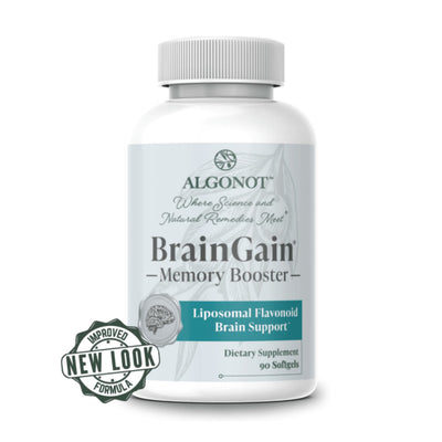 white container with light teal label, dark text, Algonot brand with logo, Where science and natural remedies meet, BrainGain memory booster, liposomal flavonoid brain support, dietary supplement, 90 softgels, improved formula, new look