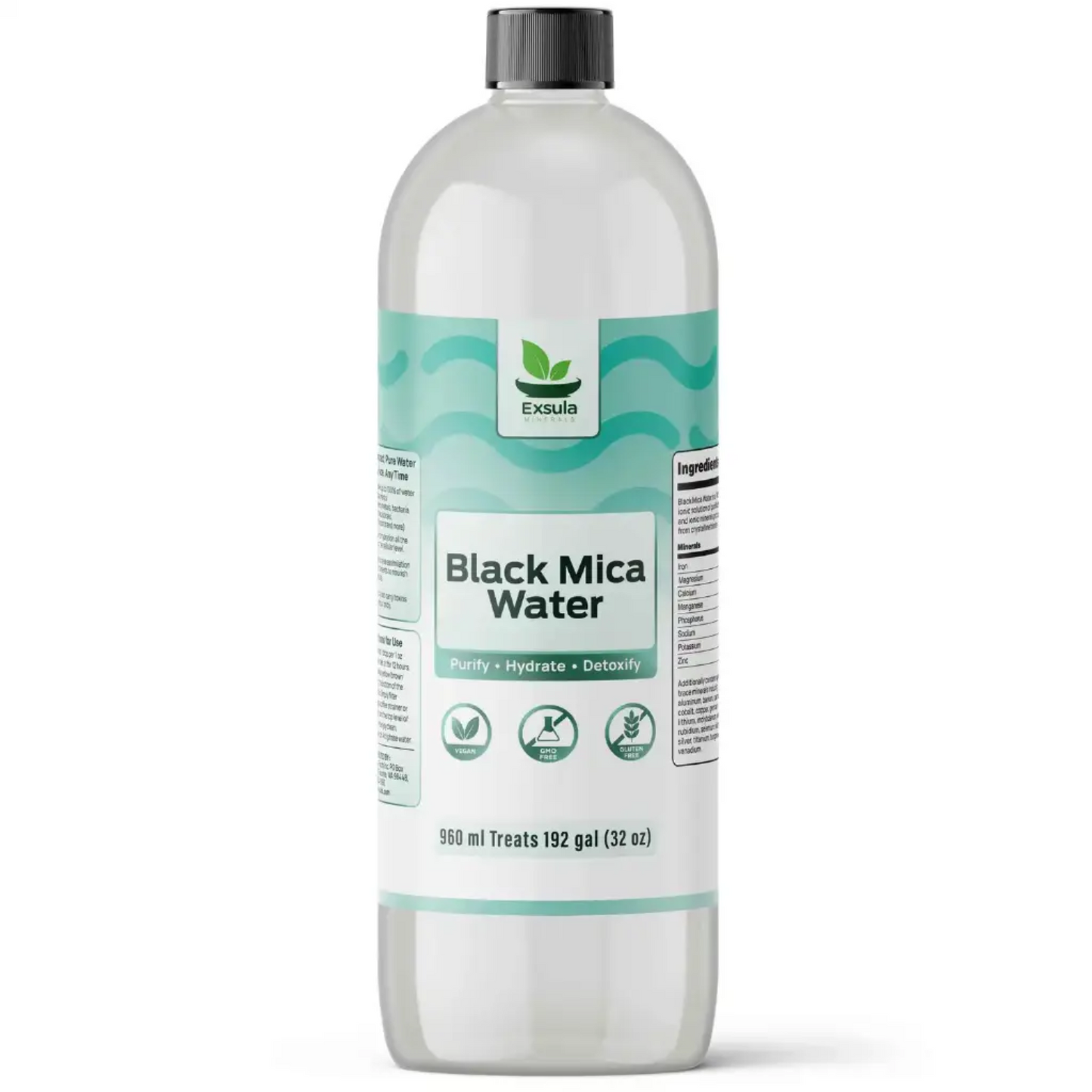 Bottle of Black Mica Water with Exsula branding on a white background