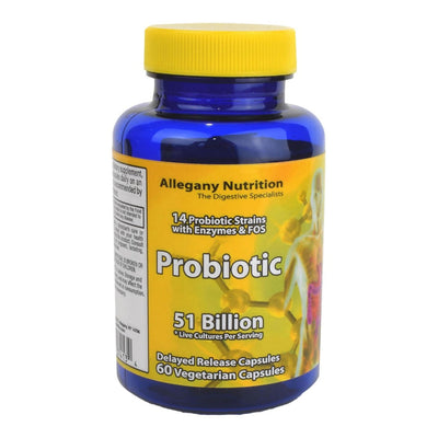 Probiotic supplement bottle with blue and yellow label on a white background