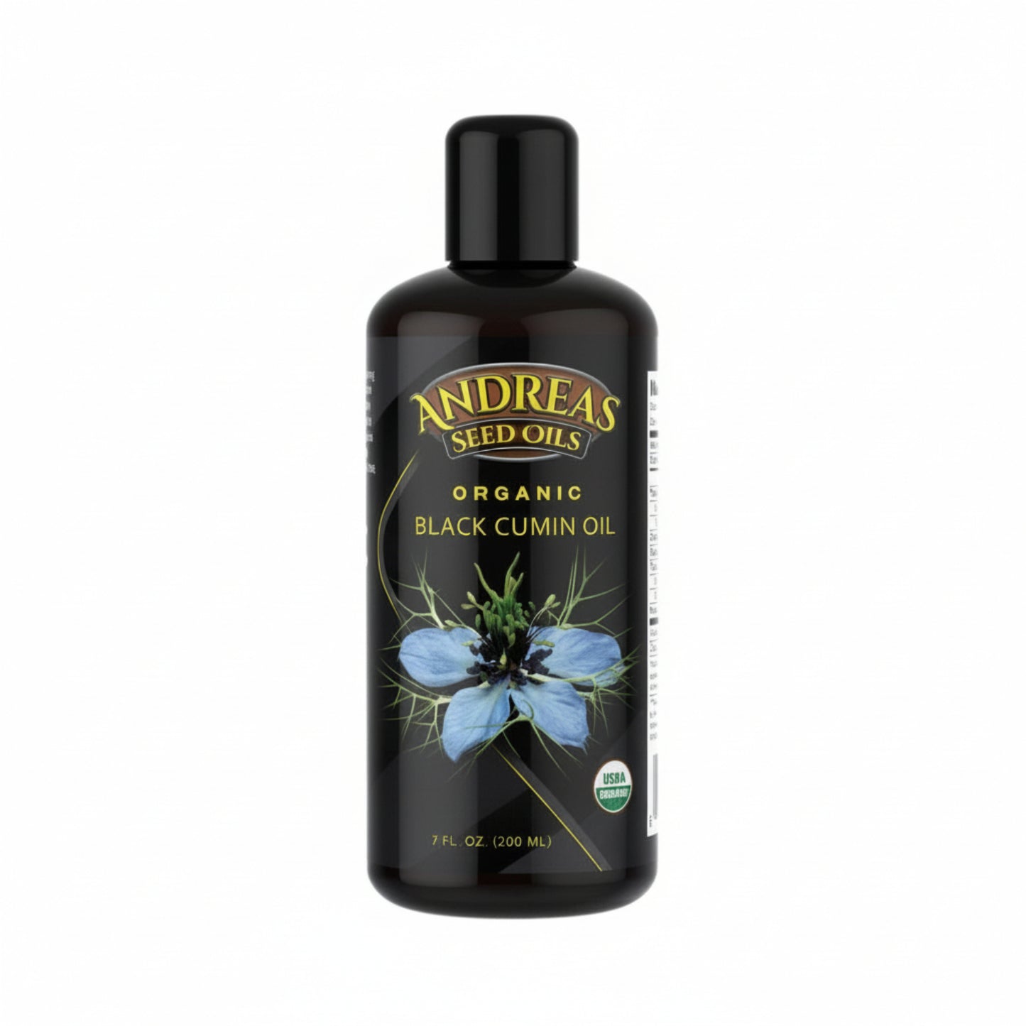black bottle with yellow gold text and blue flower, Andreas Seed Oils, Organic Black Cumin Oil, USDA Organic 7oz
