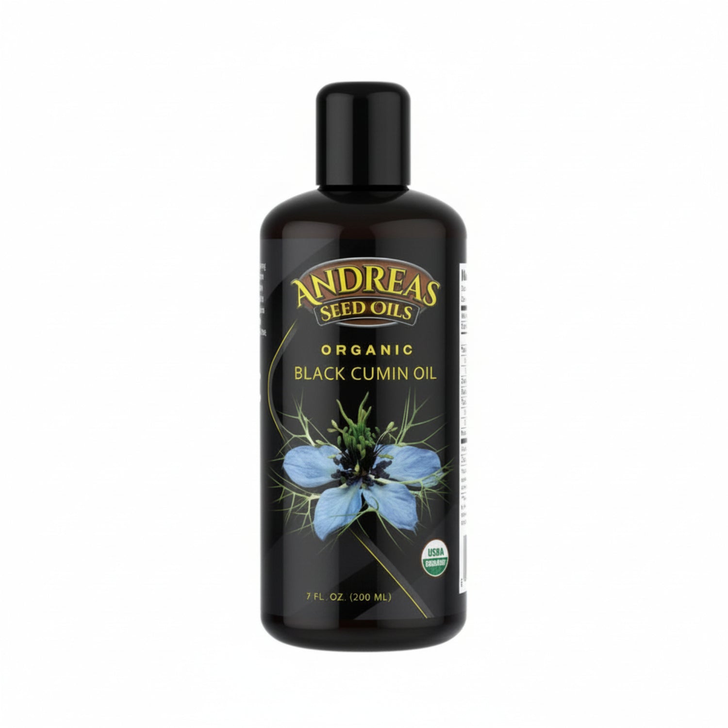 black bottle with yellow gold text and blue flower, Andreas Seed Oils, Organic Black Cumin Oil, USDA Organic 7oz