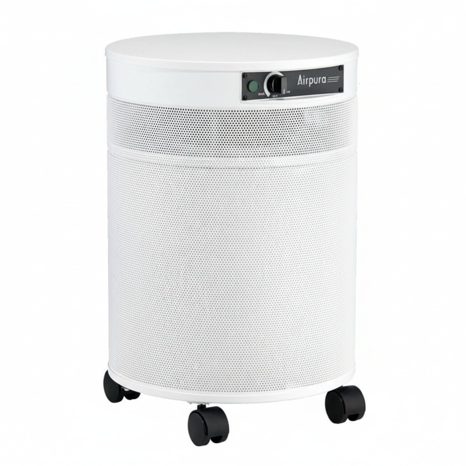 white air purifier shaped like a cylinder with black wheels, Airpura V600 Air Purifier on white background