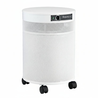 white air purifier shaped like a cylinder with black wheels, Airpura V600 Air Purifier on white background