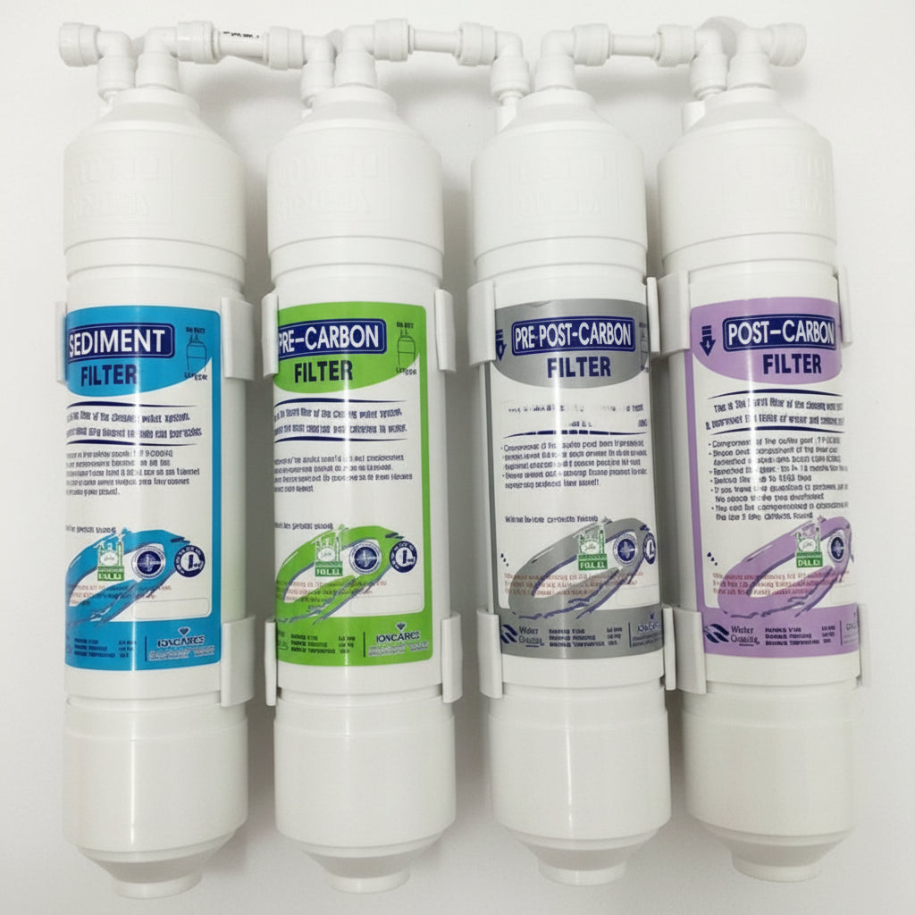 four water filters for Avesa Water System, Sediment Filter (blue label), Pre-Carbon Filter (green label), Silver Post-Carbon Filter (silver label), Post-Carbon Filter (purple label)