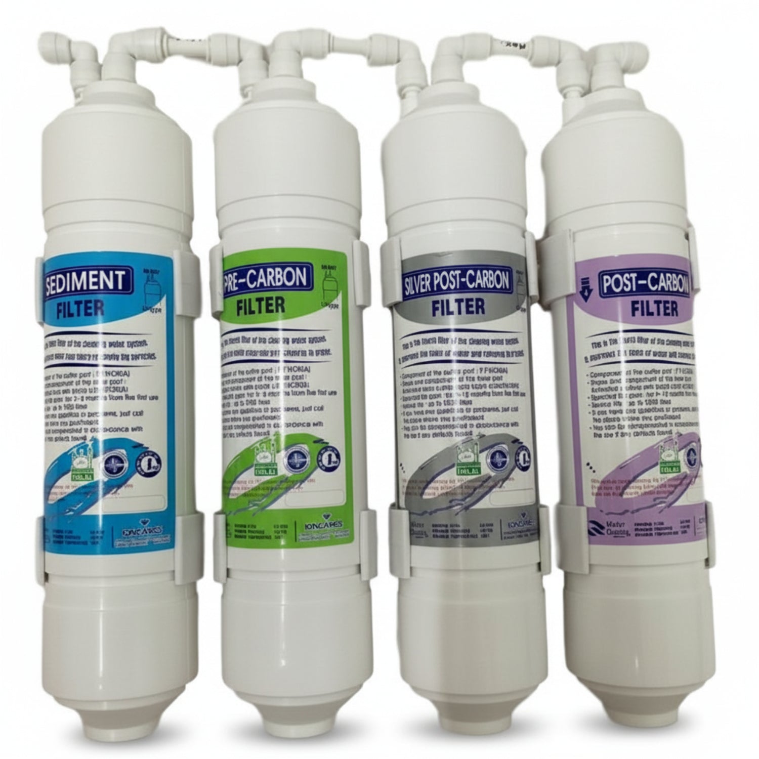 four water filters for Avesa Water System, Sediment Filter (blue label), Pre-Carbon Filter (green label), Silver Post-Carbon Filter (silver label), Post-Carbon Filter (purple label)