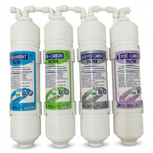 four water filters for Avesa Water System, Sediment Filter (blue label), Pre-Carbon Filter (green label), Silver Post-Carbon Filter (silver label), Post-Carbon Filter (purple label)