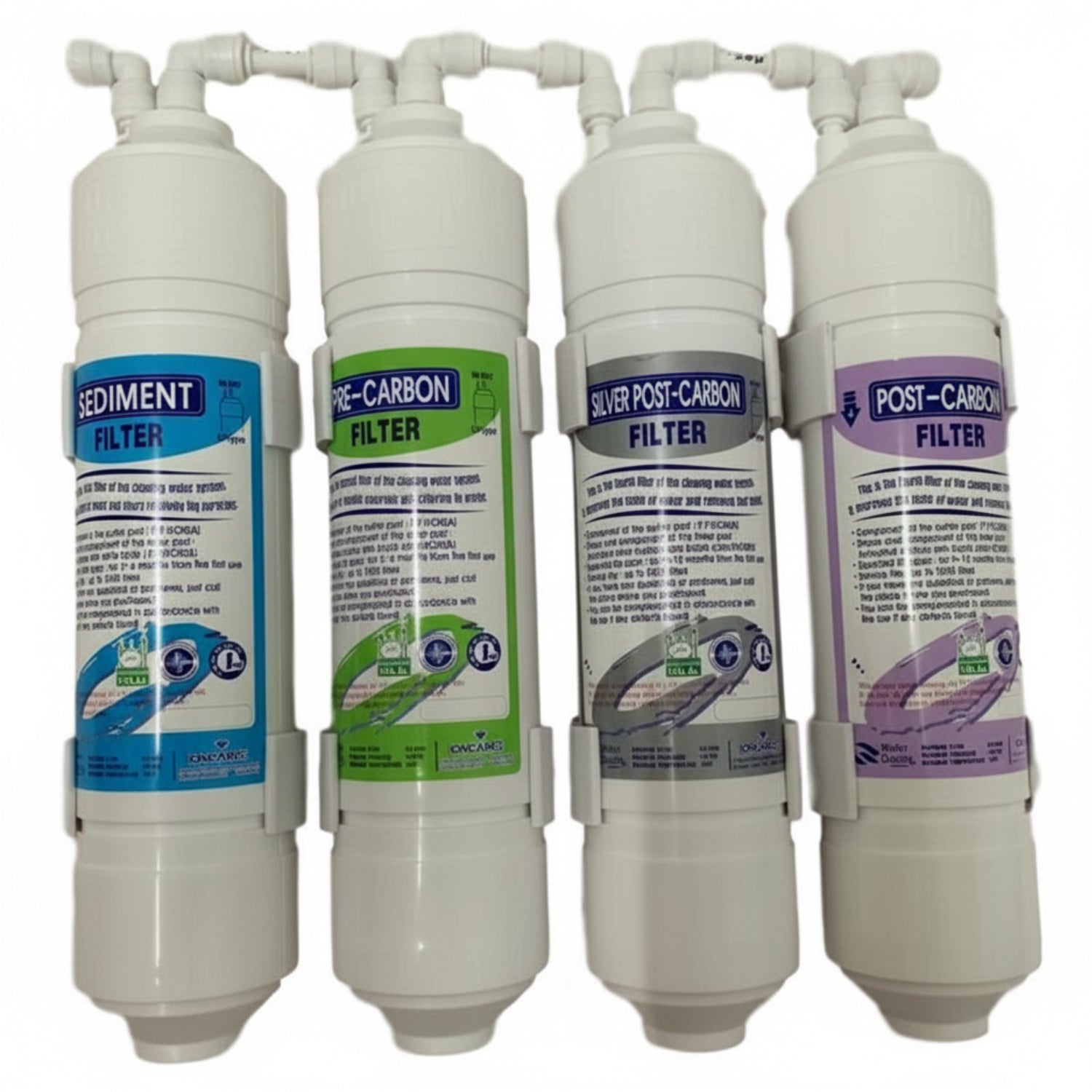 four water filters for Avesa Water System, Sediment Filter (blue label), Pre-Carbon Filter (green label), Silver Post-Carbon Filter (silver label), Post-Carbon Filter (purple label)
