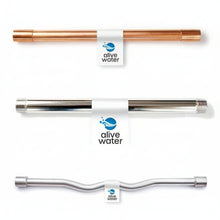 Three metal pipes with 'alive water' branding on a white background