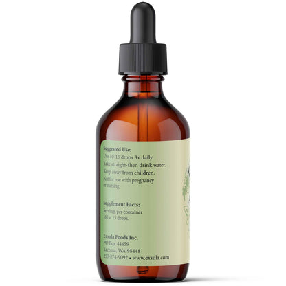 Brown glass dropper bottle with a label showing Suggested Use on a white background