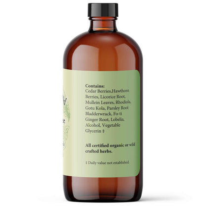 Brown glass dropper bottle with a label showing ingredients on a white background