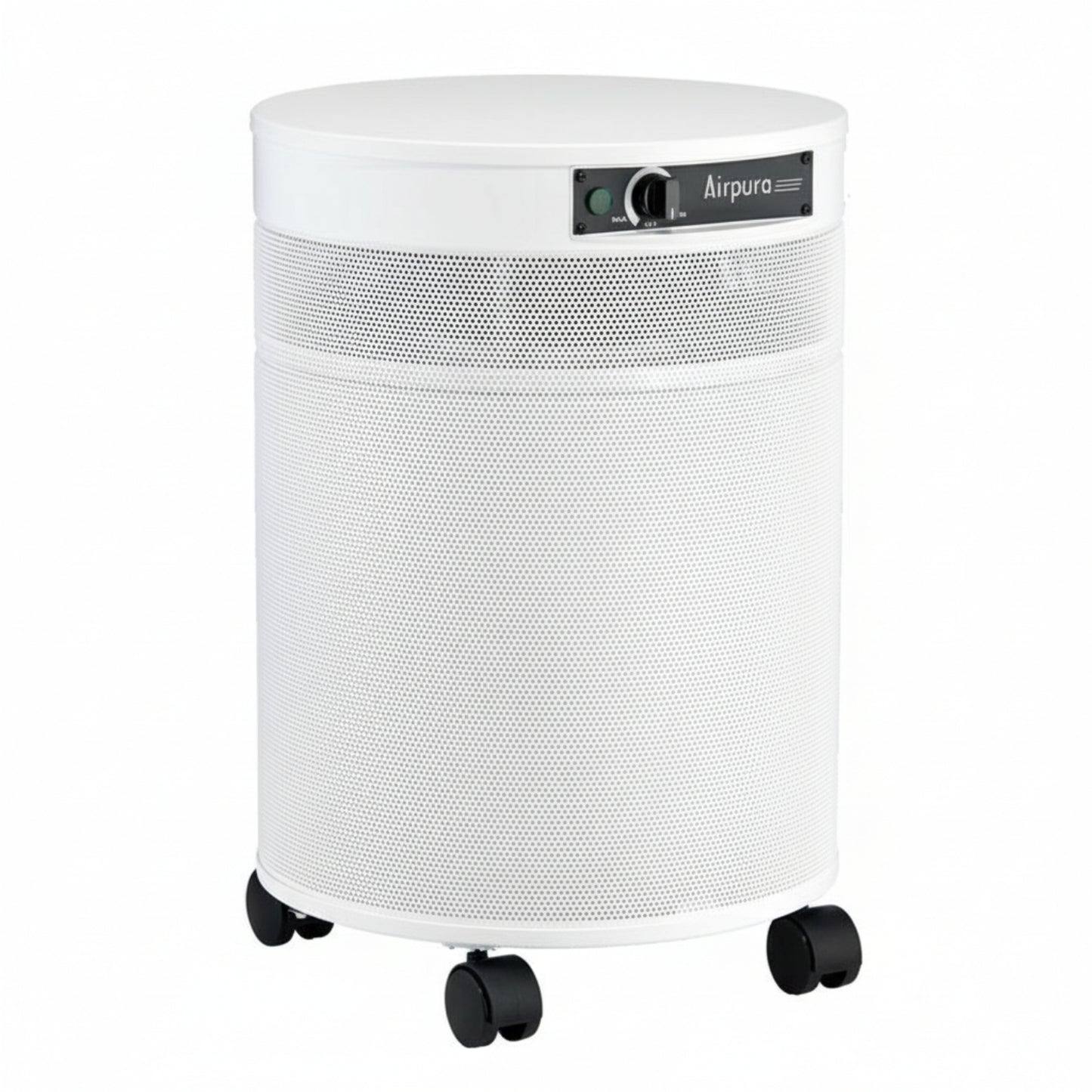 white air purifier shaped like a cylinder with black wheels, Airpura UV600 Air Purifier on white background